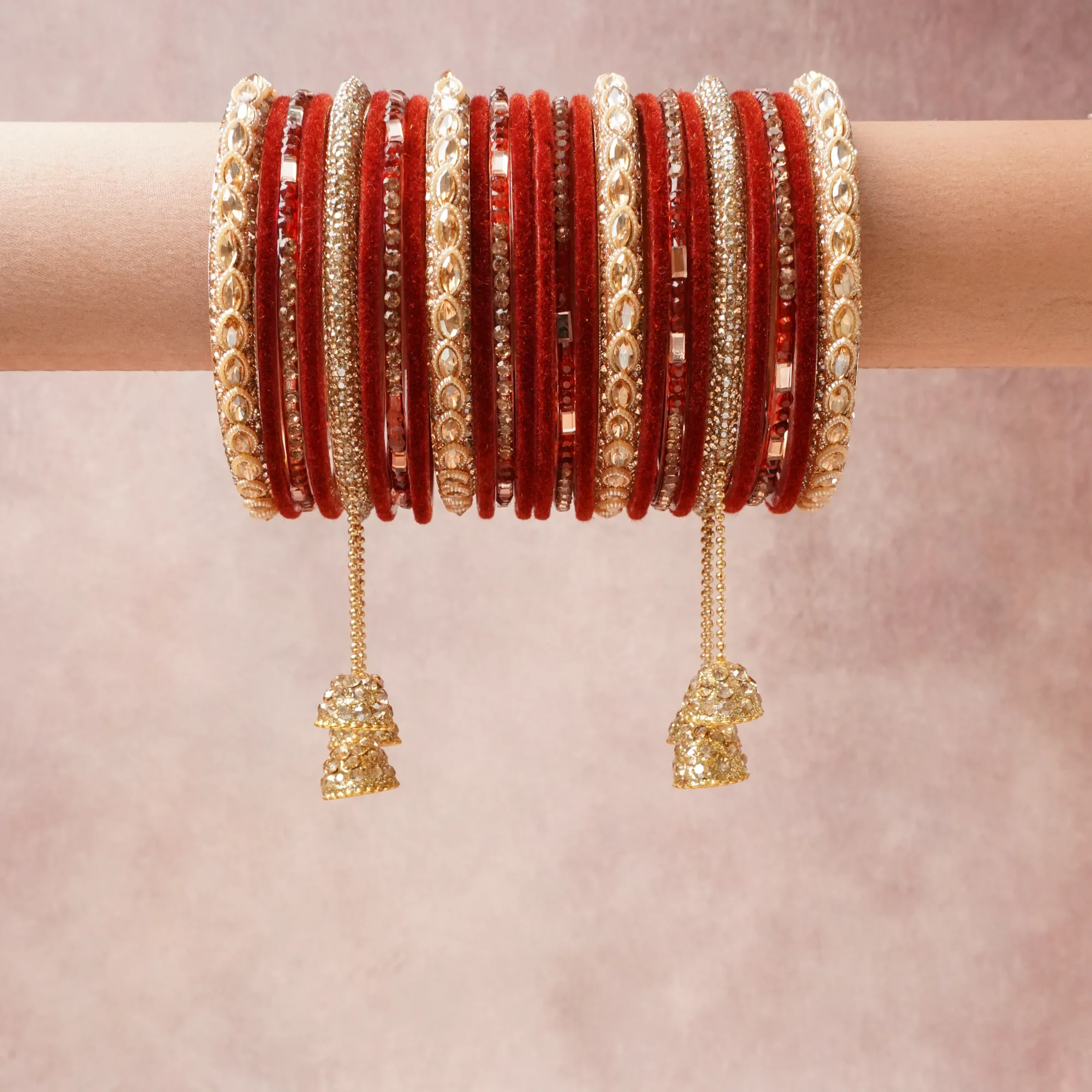 A grounding Red forms the heart of the set, while touches of Antique Gold, Gold, Champagne add charm.

A thoughtful composition of Velvet, Gold-toned Alloy, Rhinestone, Glass, Simulated Pearl, designed to feel complete without being heavy.
Each element layers seamlessly, creating a look that is refined, wearable and quietly striking.